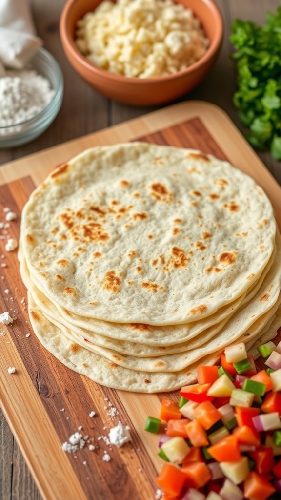 Freshly made gluten-free tortillas on a cutting board with colorful fillings.